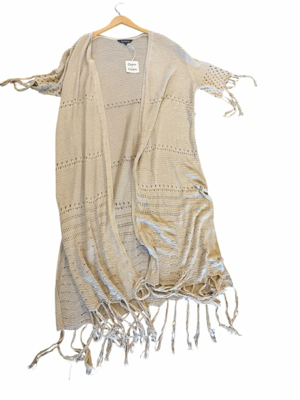DAVI & DANI NWT Beige Fringe Duster Cardigan - Picture 3 of 10
